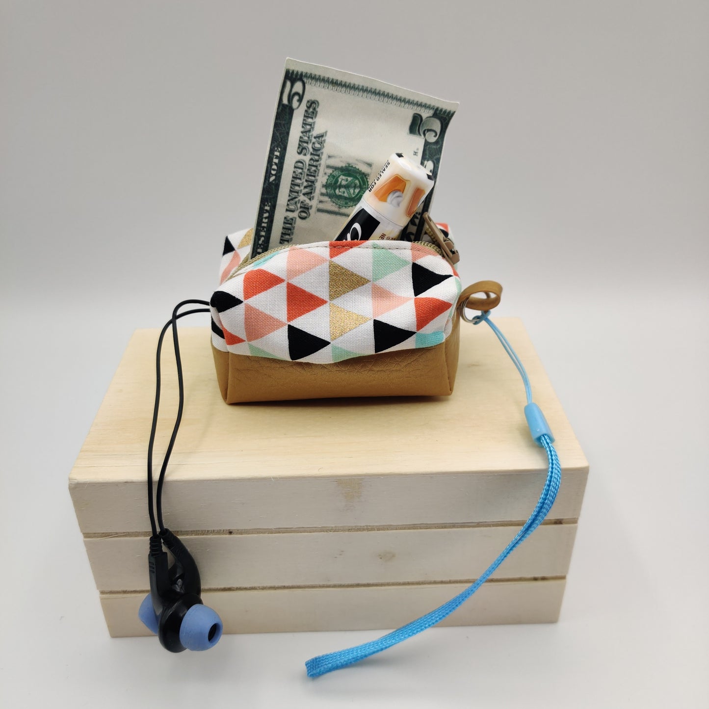 Mini Zippered Boxy Pouch - Metallic Triangles