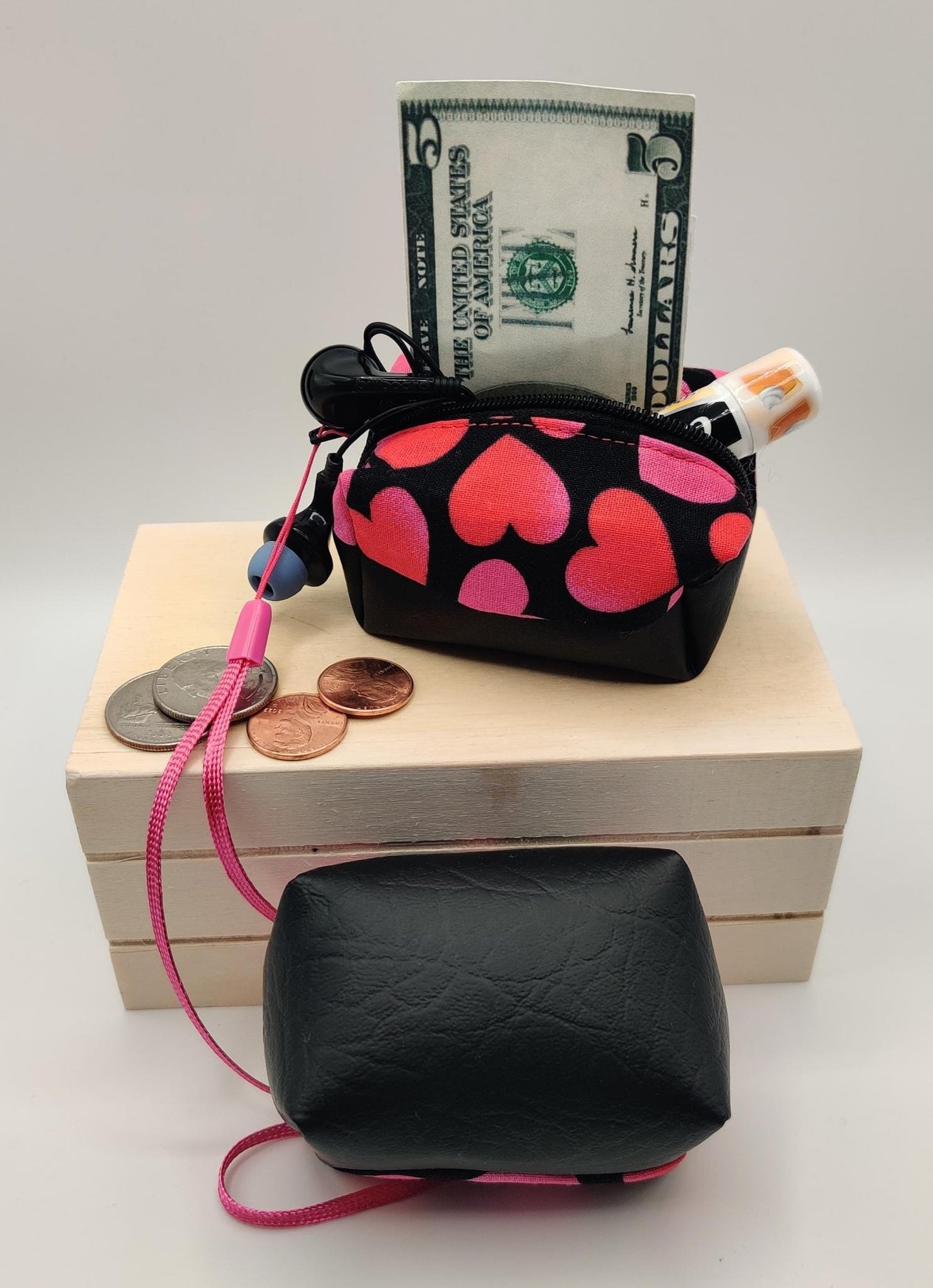 Mini Zippered Boxy Pouch - Pink Hearts