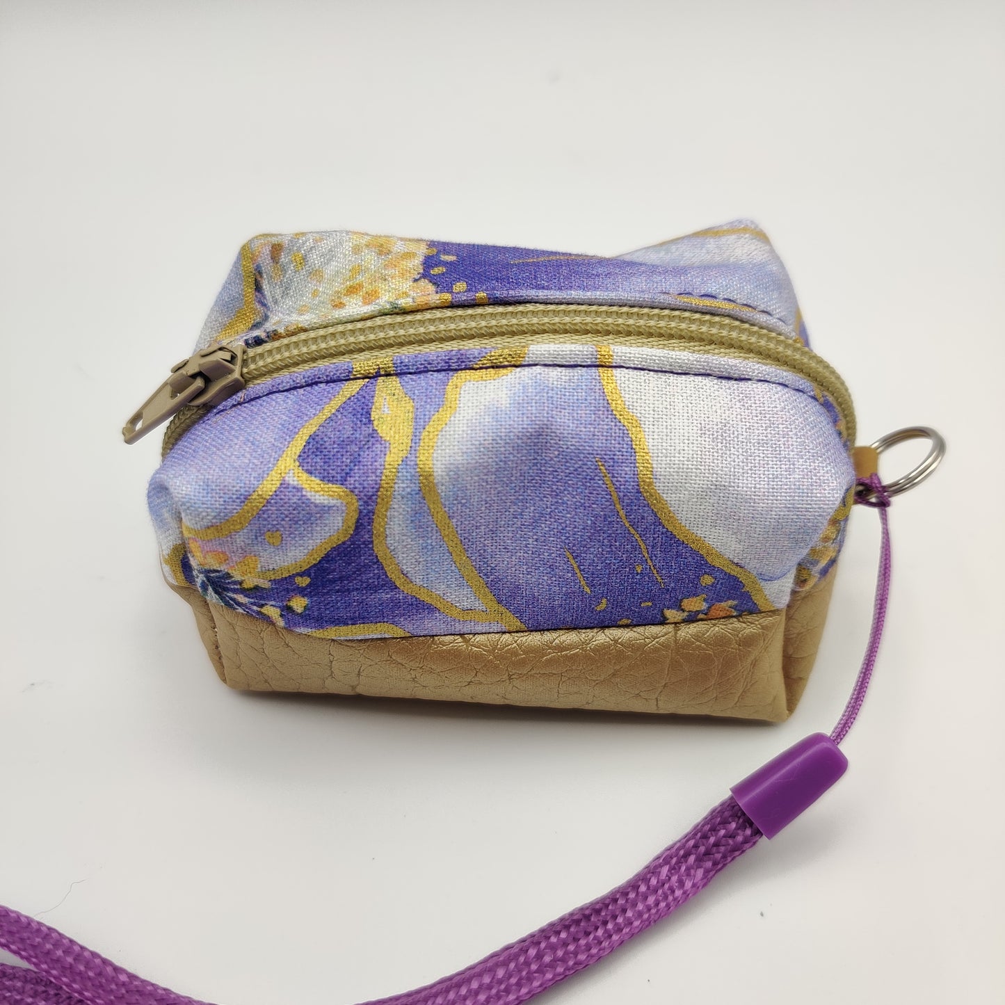 Mini Zippered Boxy Pouch - Purple Floral with Metallic Gold