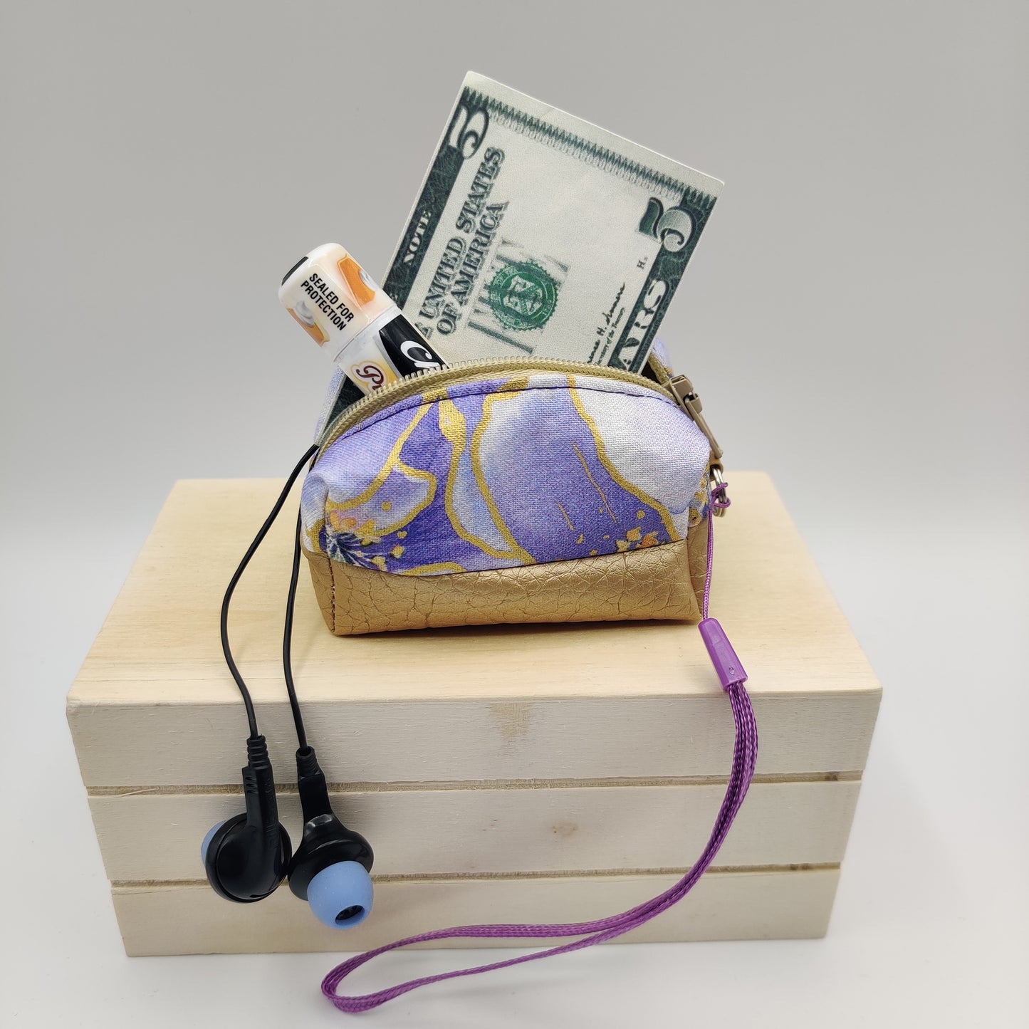 Mini Zippered Boxy Pouch - Purple Floral with Metallic Gold