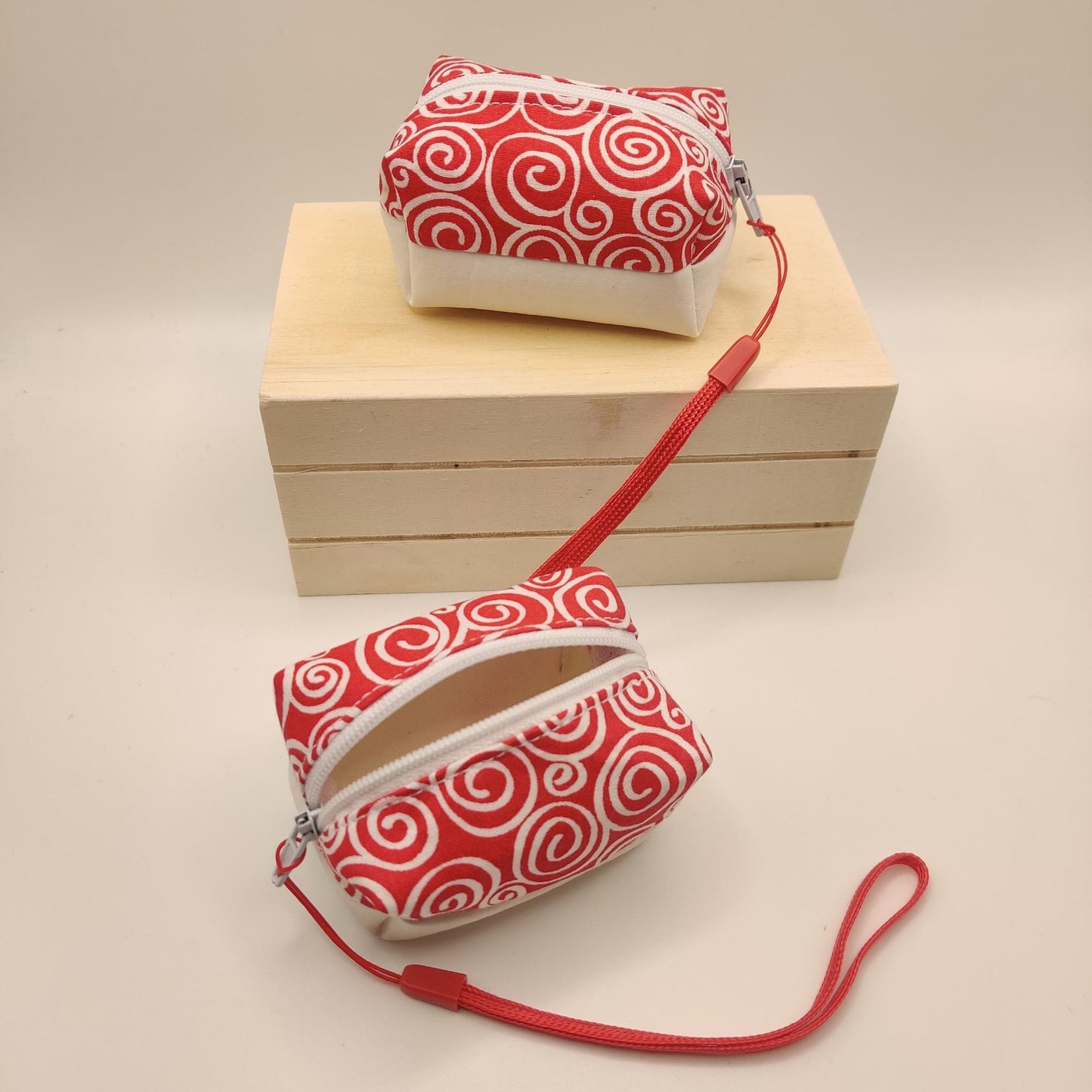 Mini Zippered Boxy Pouch - Swirls on Red