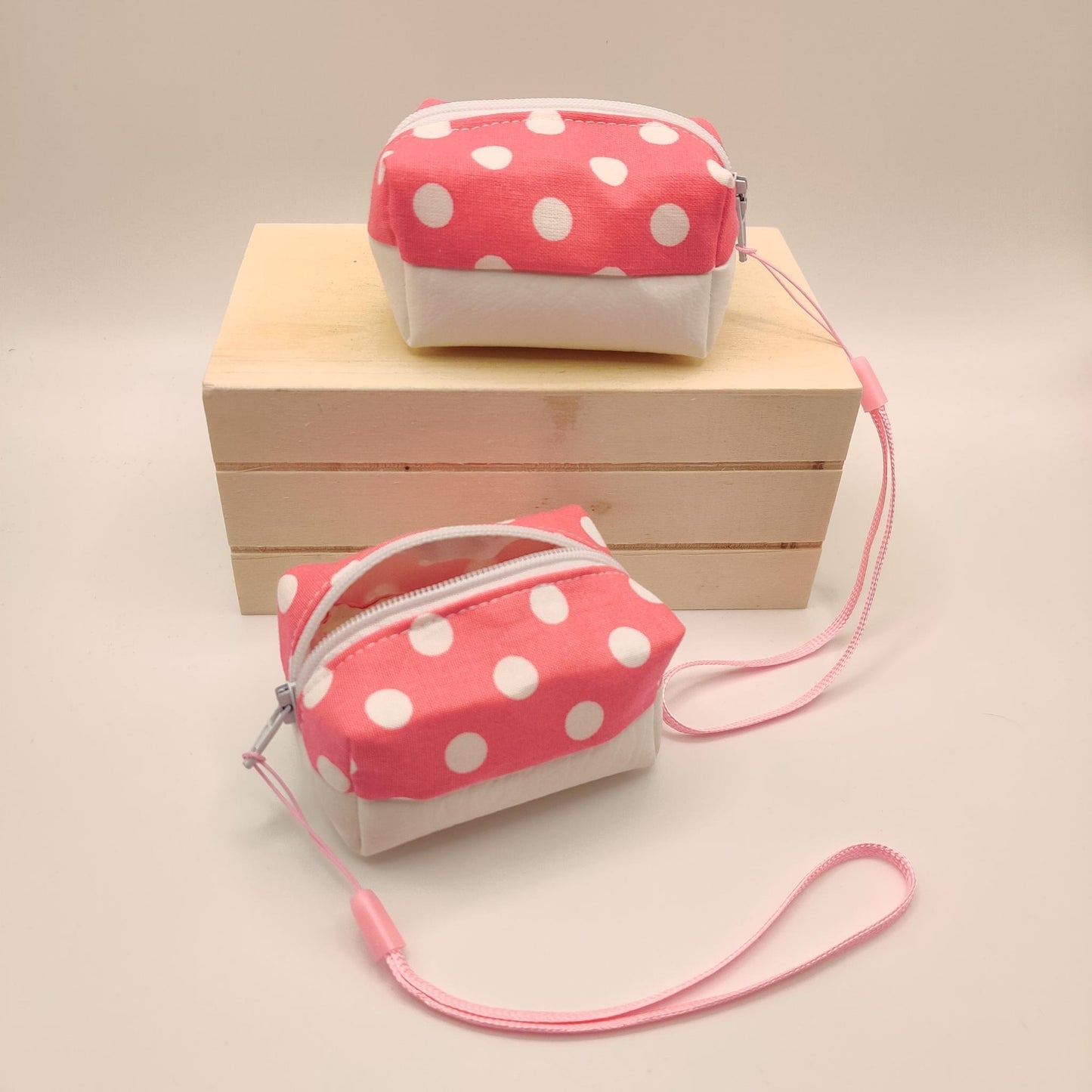 Mini Zippered Boxy Pouch - Polka Dots on Pink