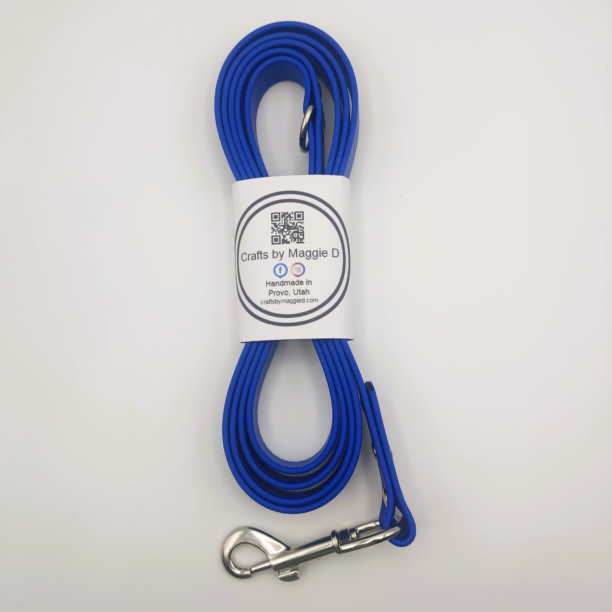 Blue BioThane dog leash with silver hardware