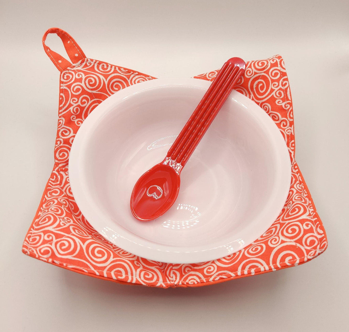 Microwaveable Bowl Cozy  - Bright Orange Swirl and Polka Dots