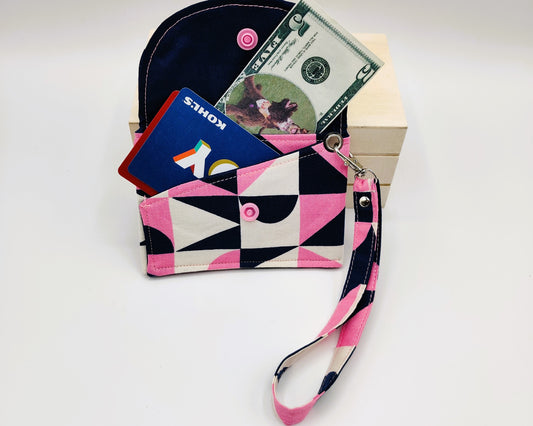 Snap Wallet with Wristlet - Pink and Blue Retro