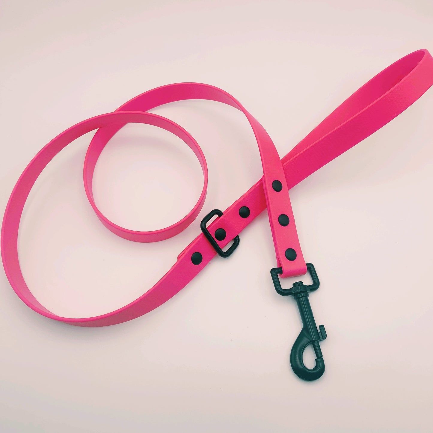 A pink BioThane dog leash with black hardware