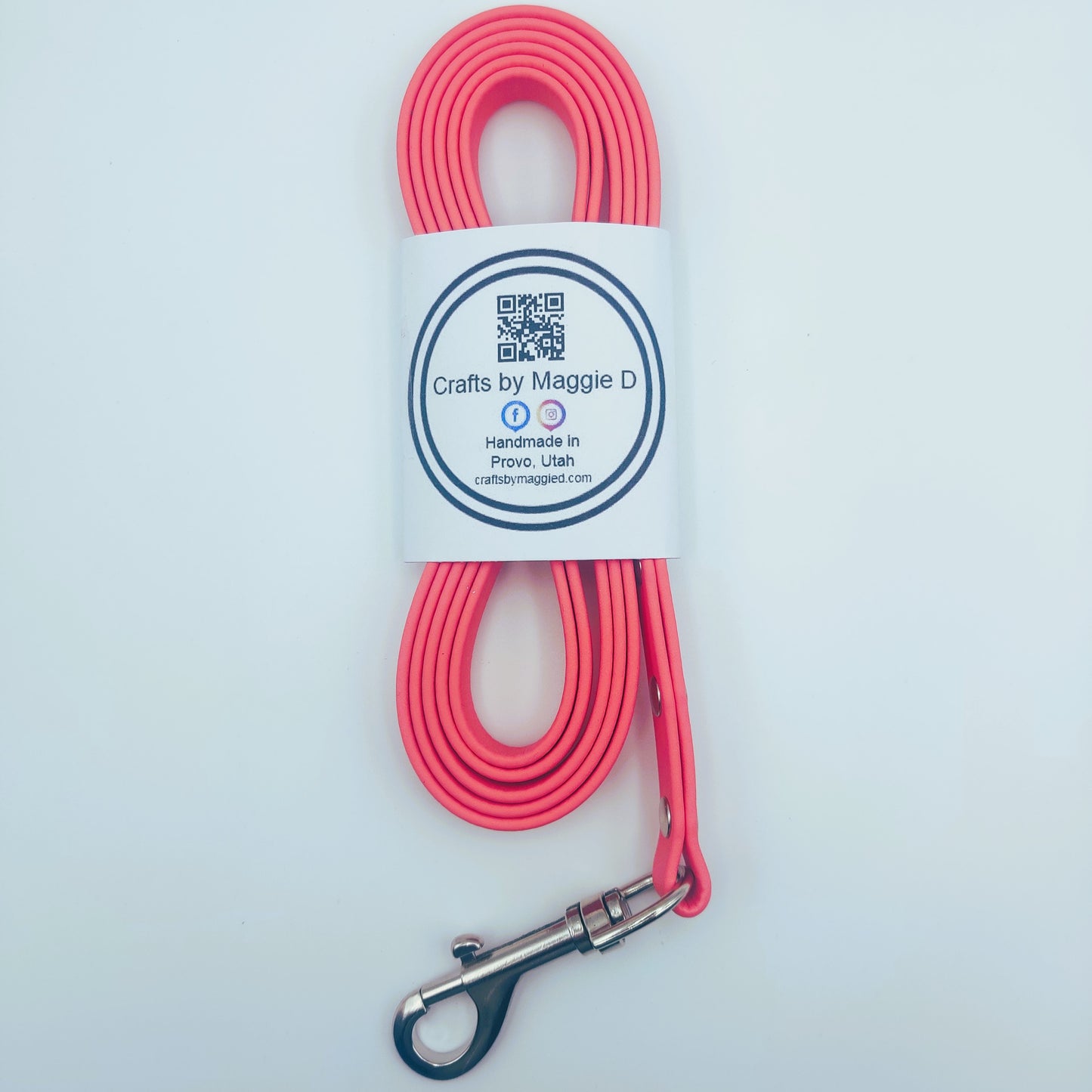 Pink BioThane dog leash with silver hardware