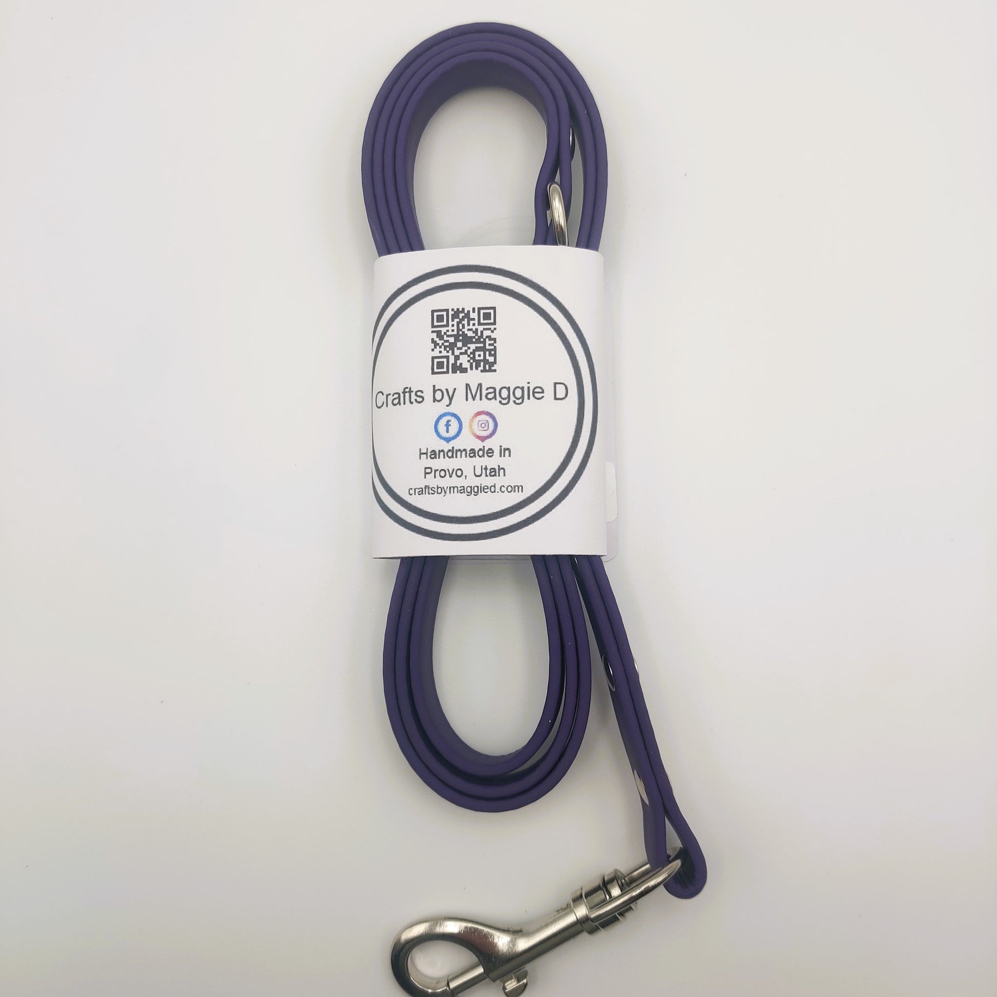 Purple BioThane dog leash with silver hardware