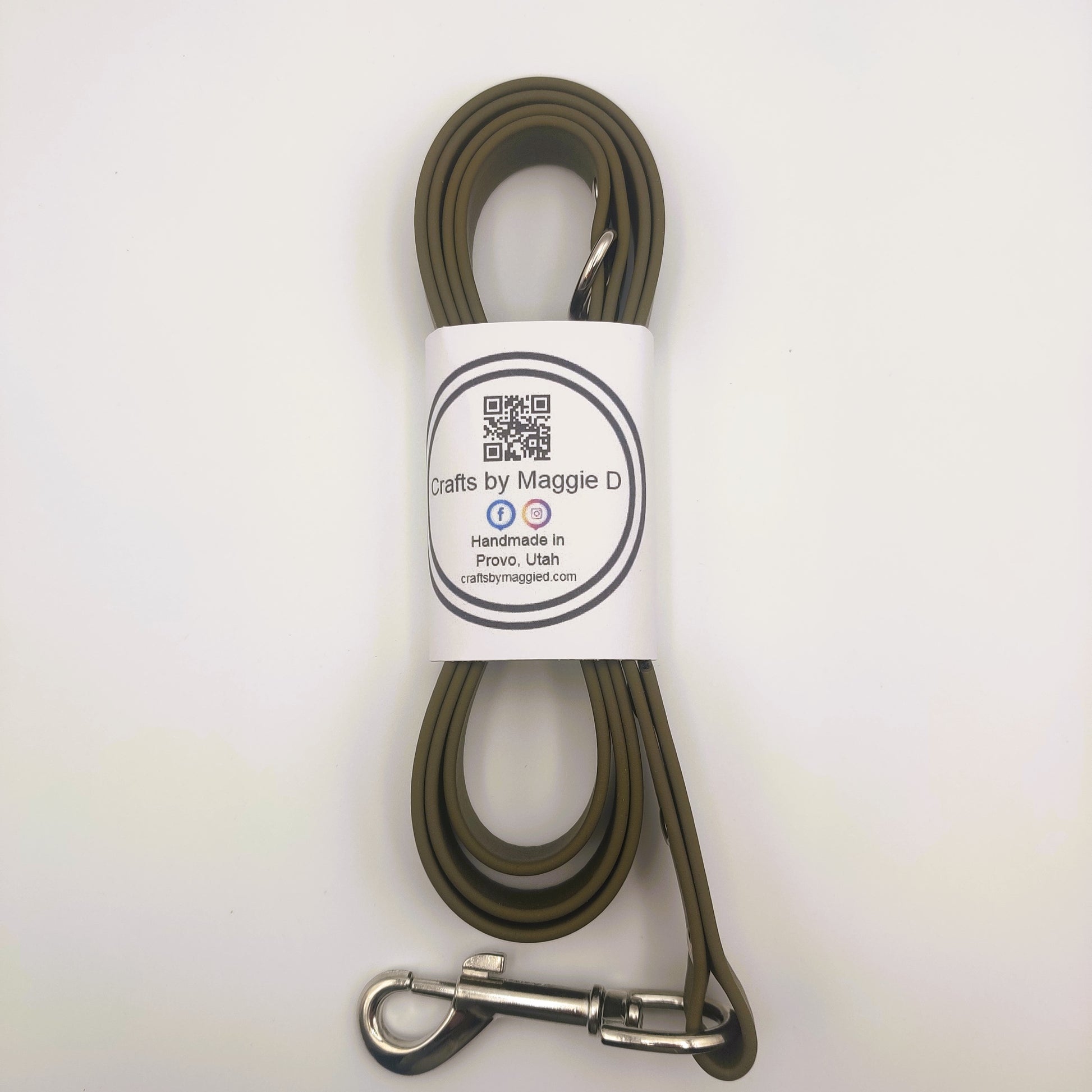 Green BioThane dog leash with silver hardware