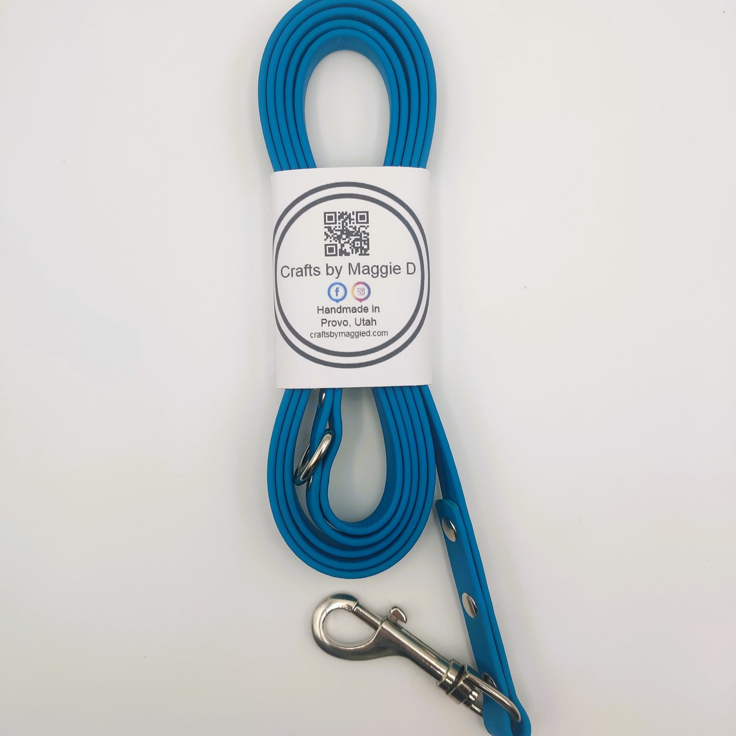 Turquoise BioThane dog leash with silver hardware