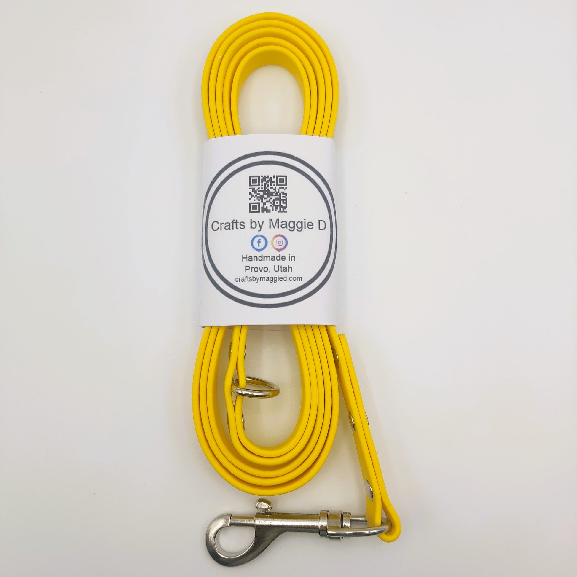 Yellow BioThane dog leash with silver hardware