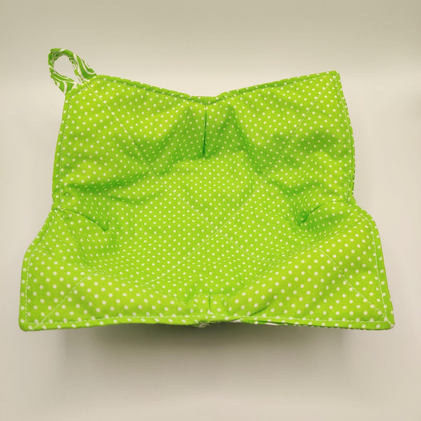 Microwaveable Bowl Cozy  - Bright Green Swirl and Polka Dots