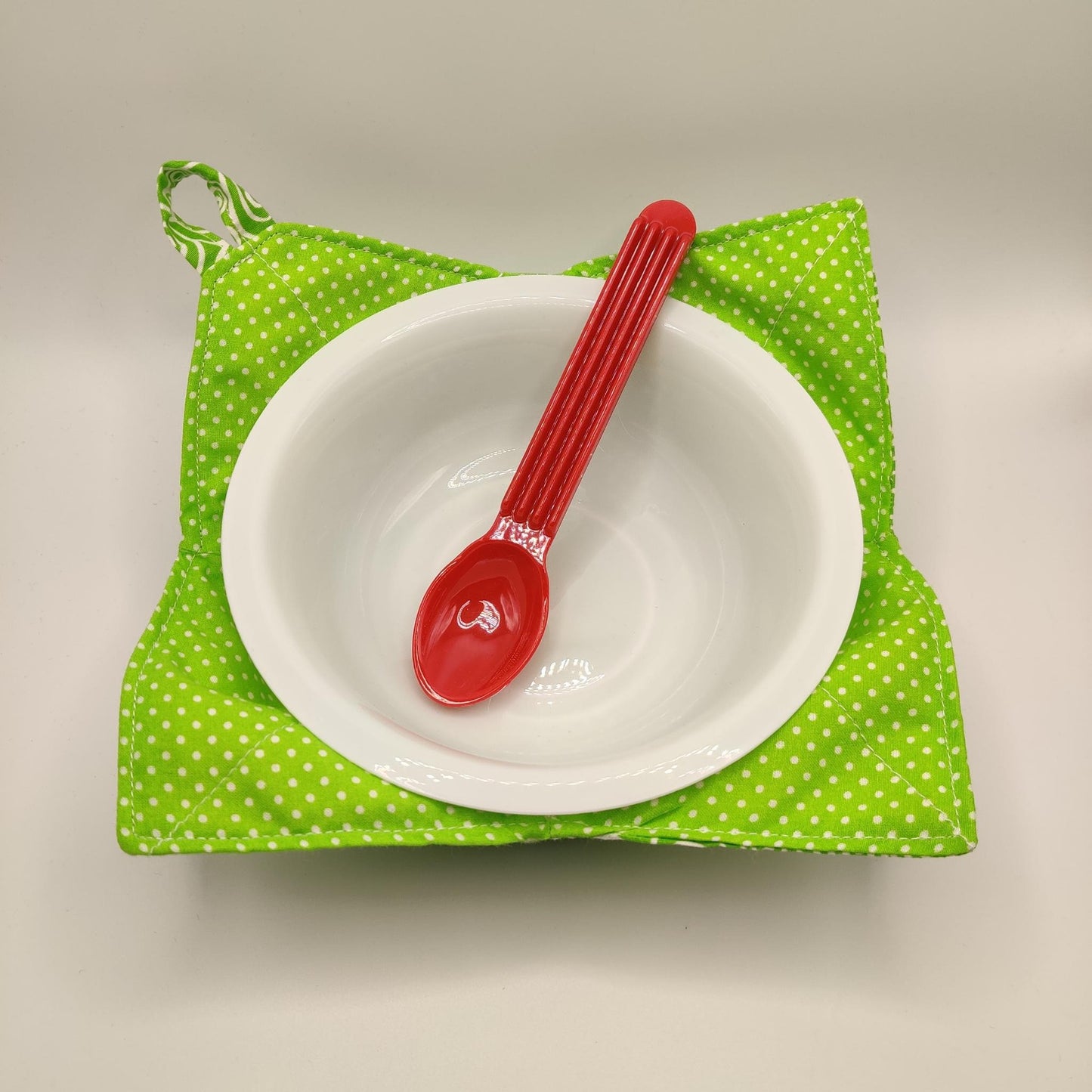 Microwaveable Bowl Cozy  - Bright Green Swirl and Polka Dots