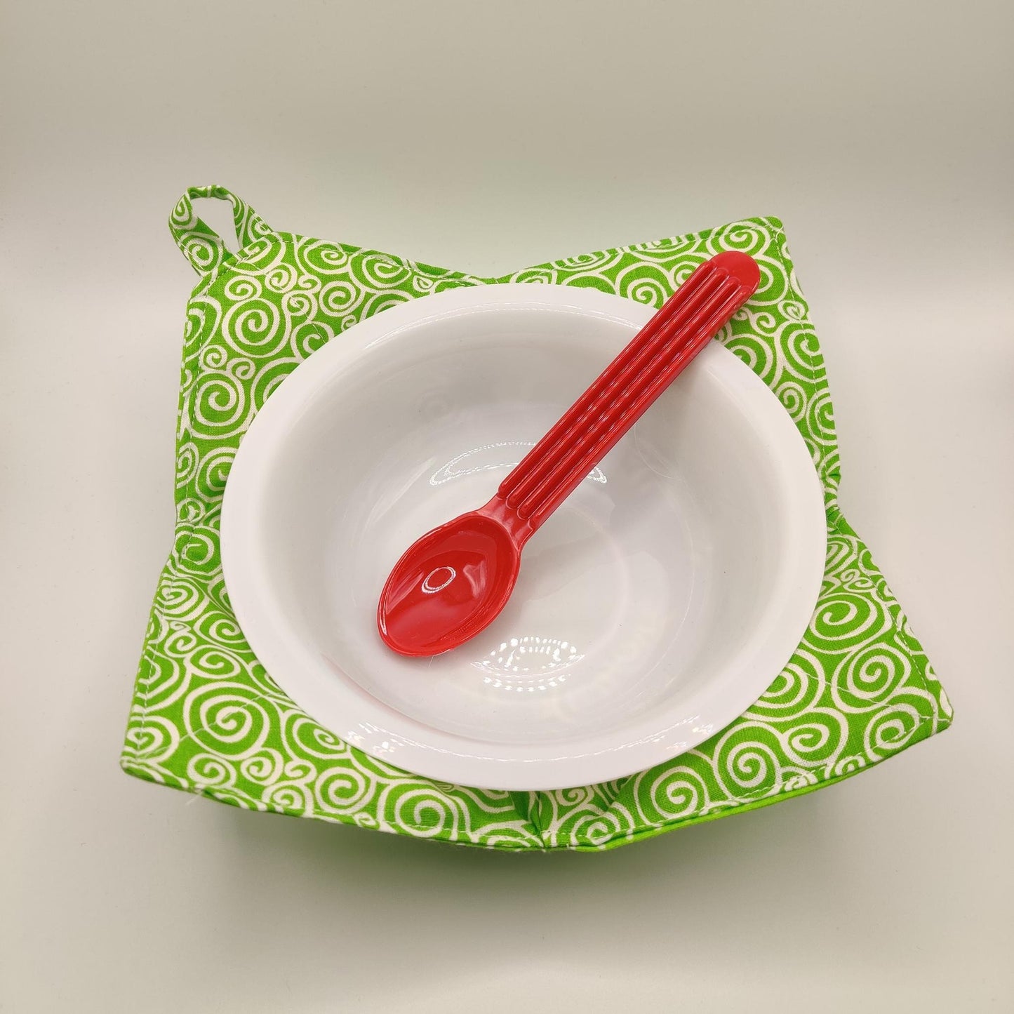 Microwaveable Bowl Cozy  - Bright Green Swirl and Polka Dots