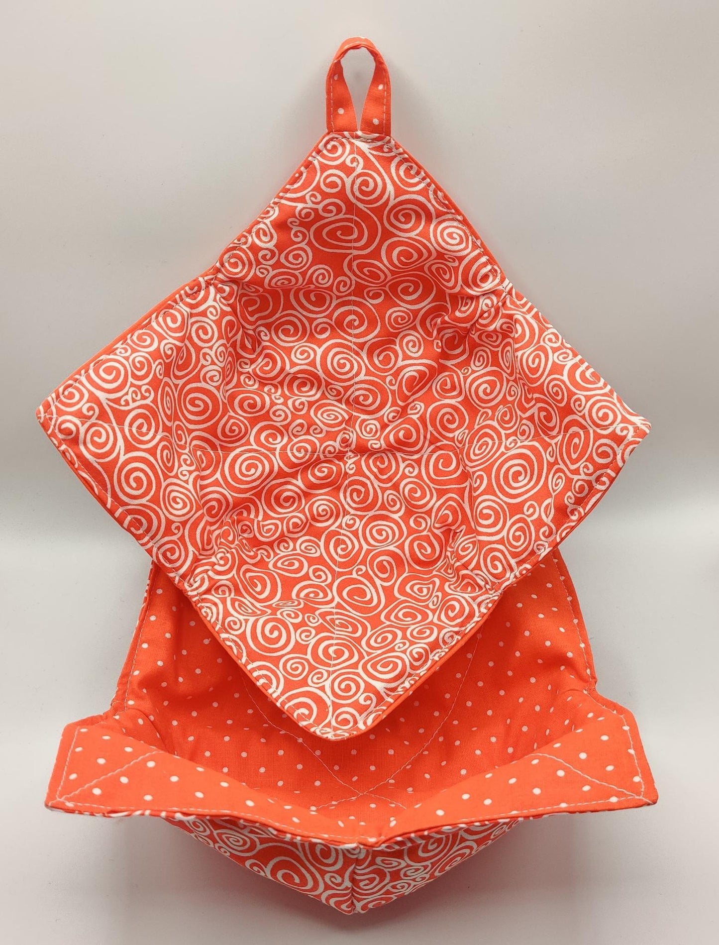 Microwaveable Bowl Cozy  - Bright Orange Swirl and Polka Dots