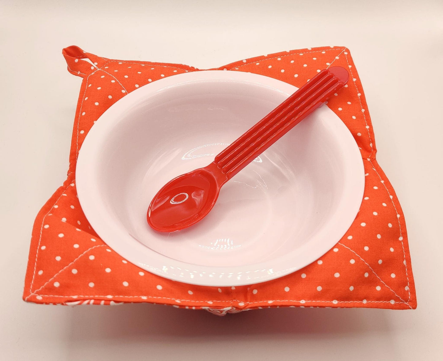 Microwaveable Bowl Cozy  - Bright Orange Swirl and Polka Dots